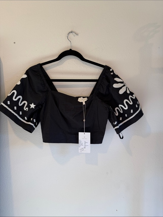 Cleobella Tops - Cleobella Black Puff Sleeve Embroidered Crop Top